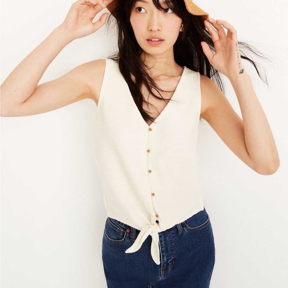 Madewell Texture & Thread Button-Front Tie Tank Top in Pearl Ivory XXS